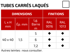 PAAL - tubes carrés laqués 40 x 40 - acier galvanisé sendzimir - axes stores volets roulants